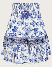 Floral Print Tie Waist Short Skirt, Blue (BLUE), large