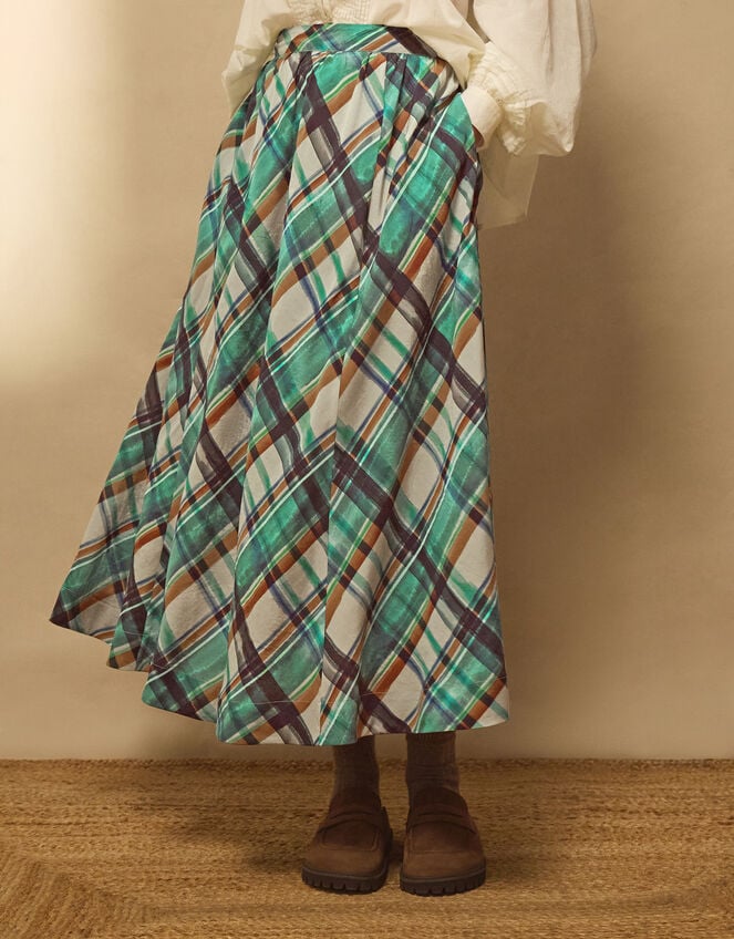 East Clarissa Hand-Painted Check Print Midi Skirt, Teal (TEAL), large