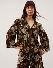 Esther Floral Linen Blend Top, Brown (CHOCOLATE), large