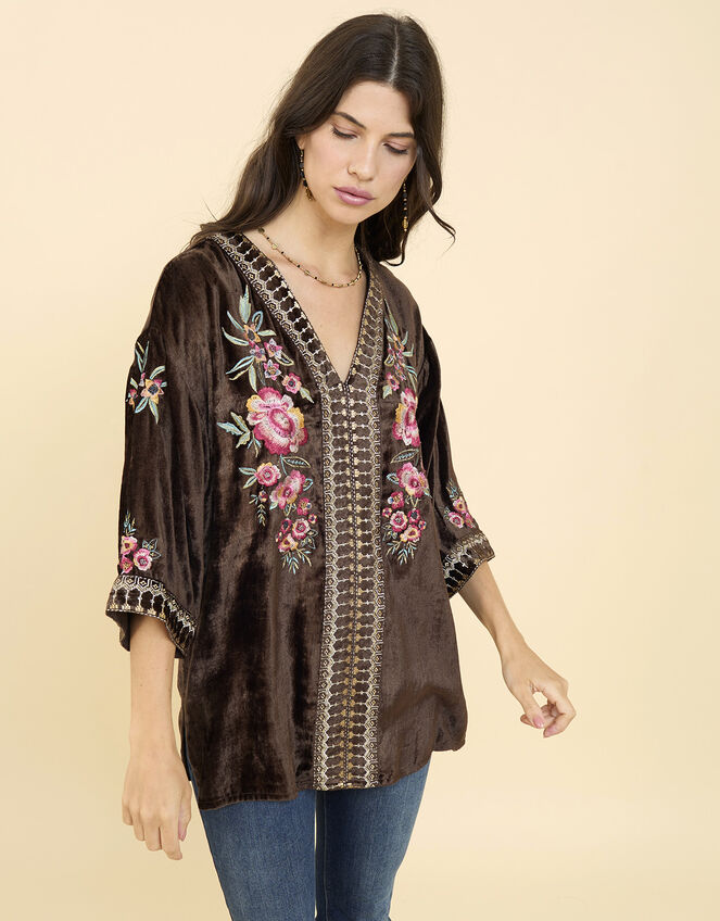 East Kora Embroidered Velvet Top, Brown (BROWN), large