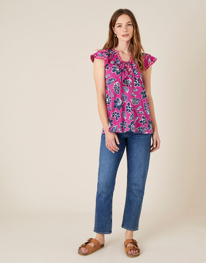 Rosanna Printed Ruffle Jersey Top, Pink (PINK), large