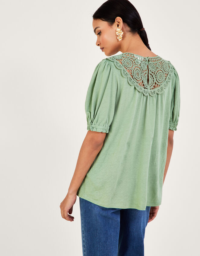 Crochet Frill Sleeve Top in Linen Blend, Green (KHAKI), large
