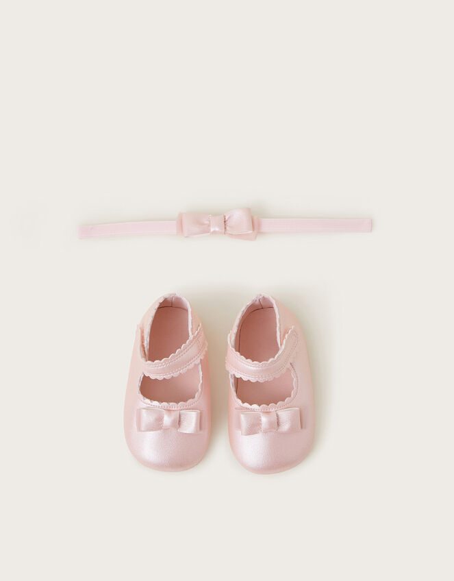 Baby Shimmer Booties and Bow Headband Set, Pink (PINK), large