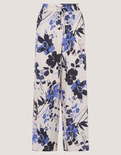 Nicolette Floral Linen Blend Wide Leg Trousers, Blue (BLUE), large