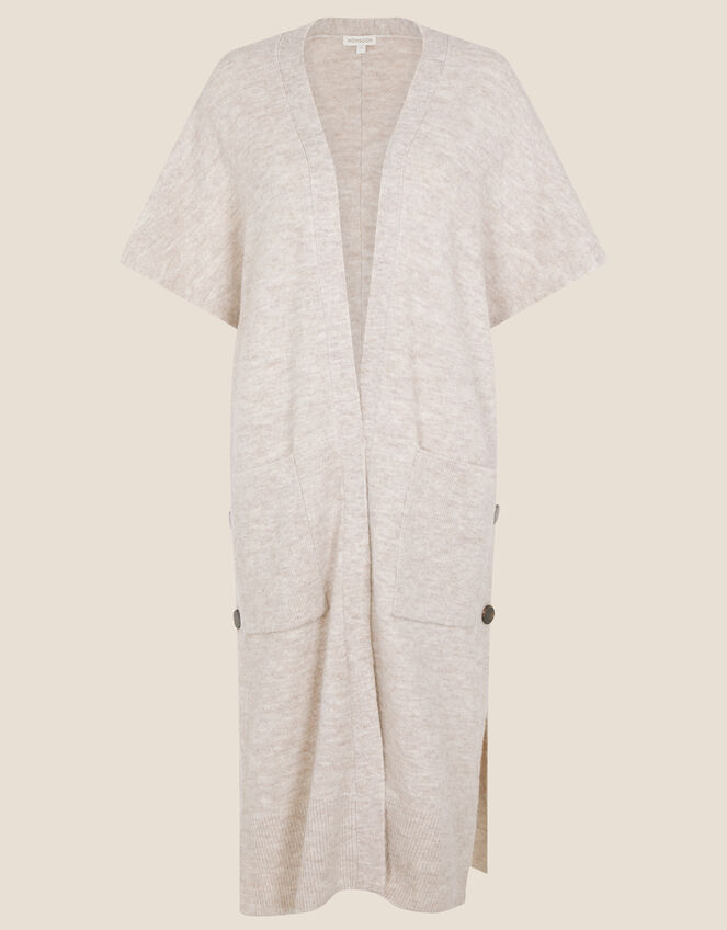 Longline Button Side Sleeveless Cardigan , Camel (OATMEAL), large