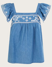 Embroidered Denim Top, Blue (BLUE), large