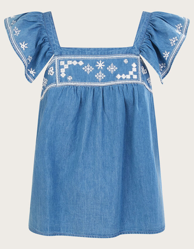 Embroidered Denim Top, Blue (BLUE), large