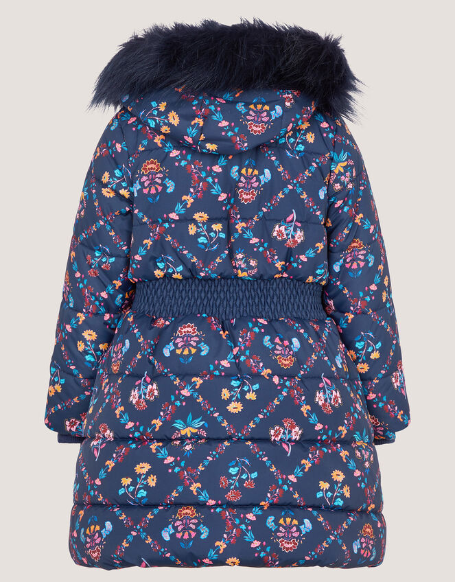 Floral Print Bow Puffer Coat, Blue (NAVY), large