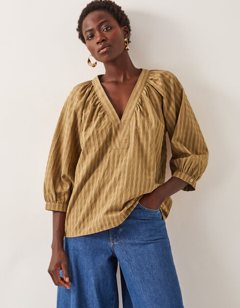 Suzi 3/4 Sleeve Check Top, TOFFEE, large