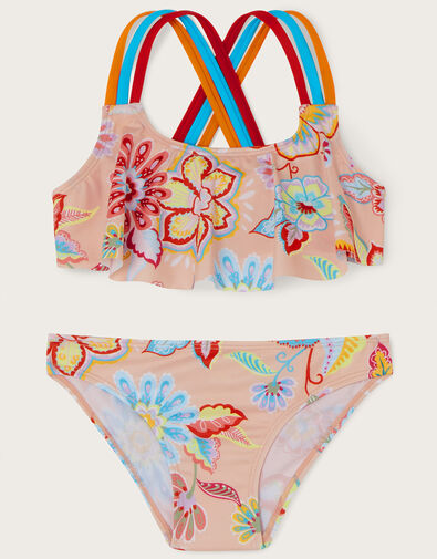 Floral Print Frill Bikini Set, Orange (CORAL), large