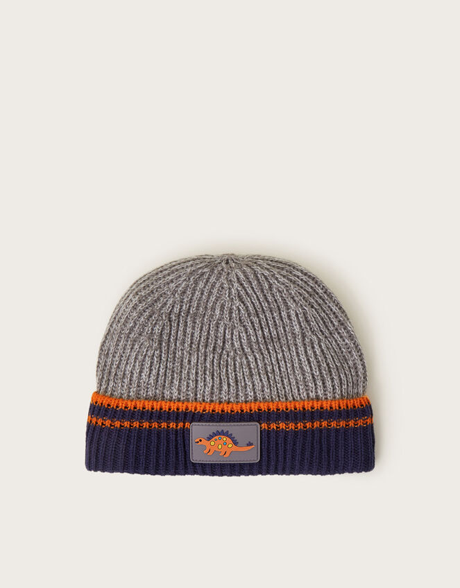 Dinosaur Badge Knit Beanie Hat, Grey (GREY), large