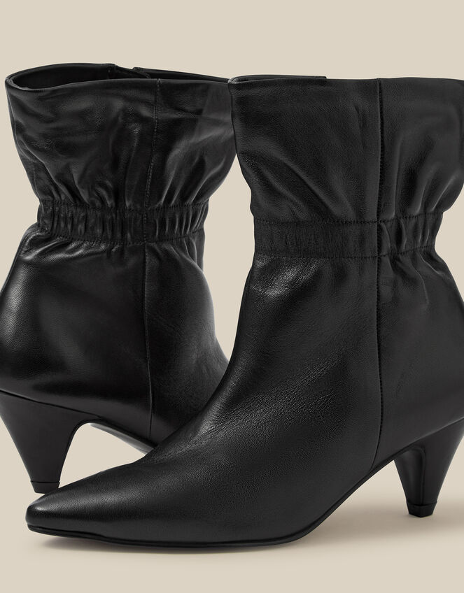 Fia Ruched Leather Kitten Heel Boots, Black (BLACK), large