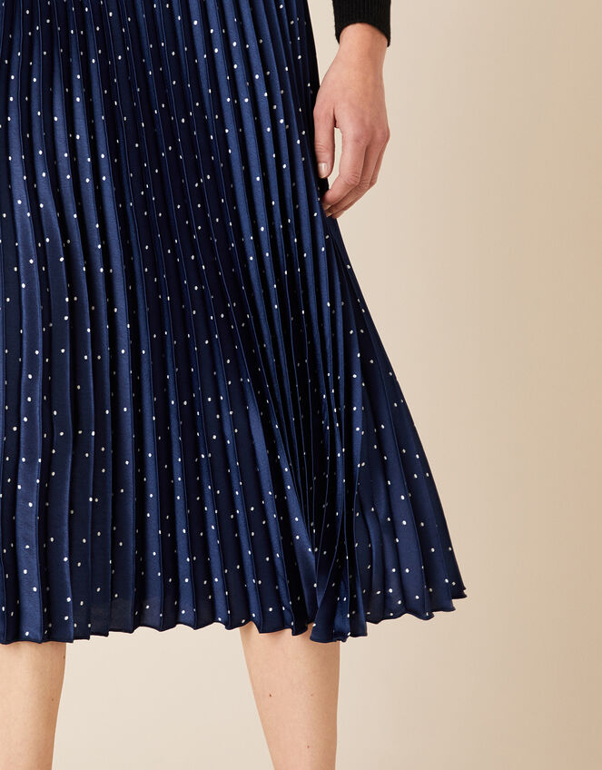 Polly Pin Spot Satin Midi Skirt, Blue (NAVY), large