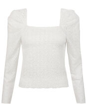Skylee Shirred Broderie Blouse, Ivory (IVORY), large