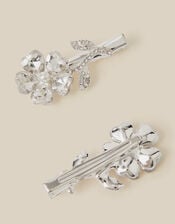 2-Pack Jewel Flower Metal Hair Clips, Silver (SILVER), large