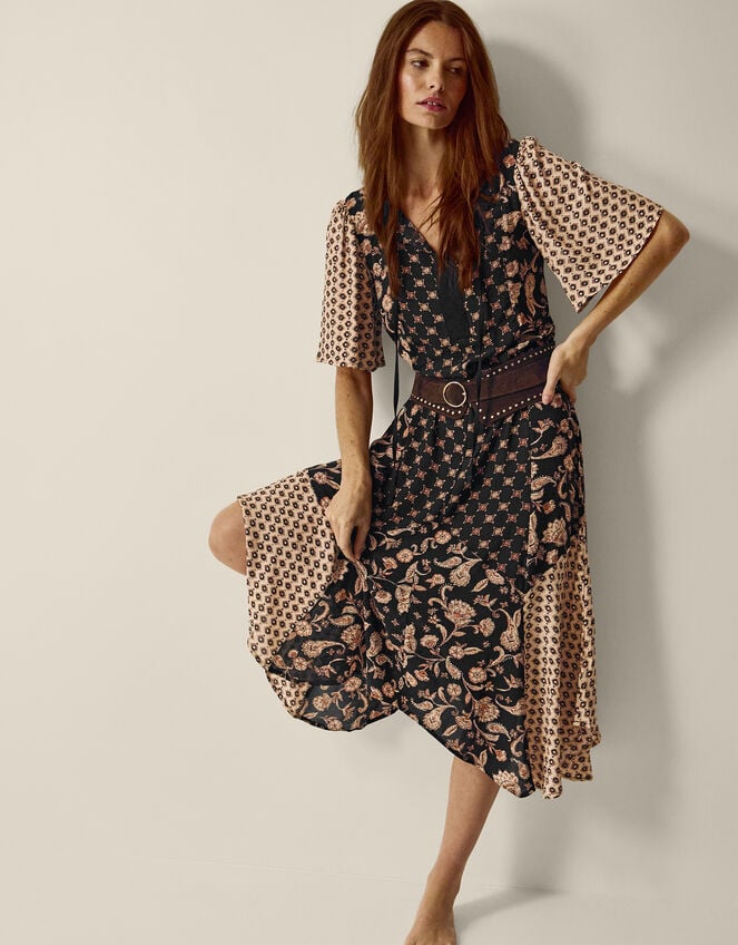 Raquel Patchwork Floral Print Midi Dress, Black (BLACK), large