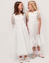 Athena Puff Sleeve Floral Communion Dress, White (WHITE), large