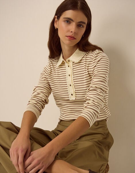 Stacy Stripe Jersey Polo Top, Cream (CREAM), large