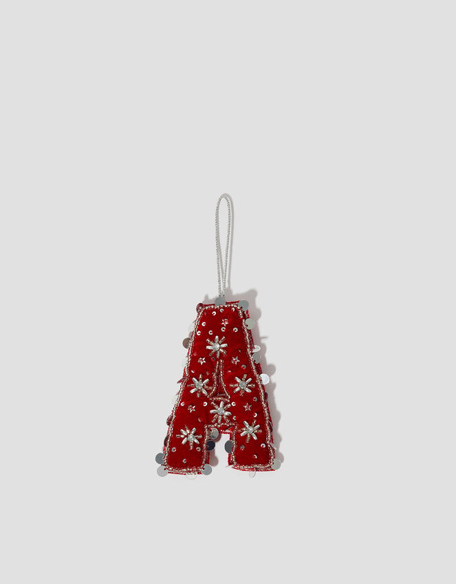 Embellished Velvet Initial Christmas Tree Decoration, Red (RED), large