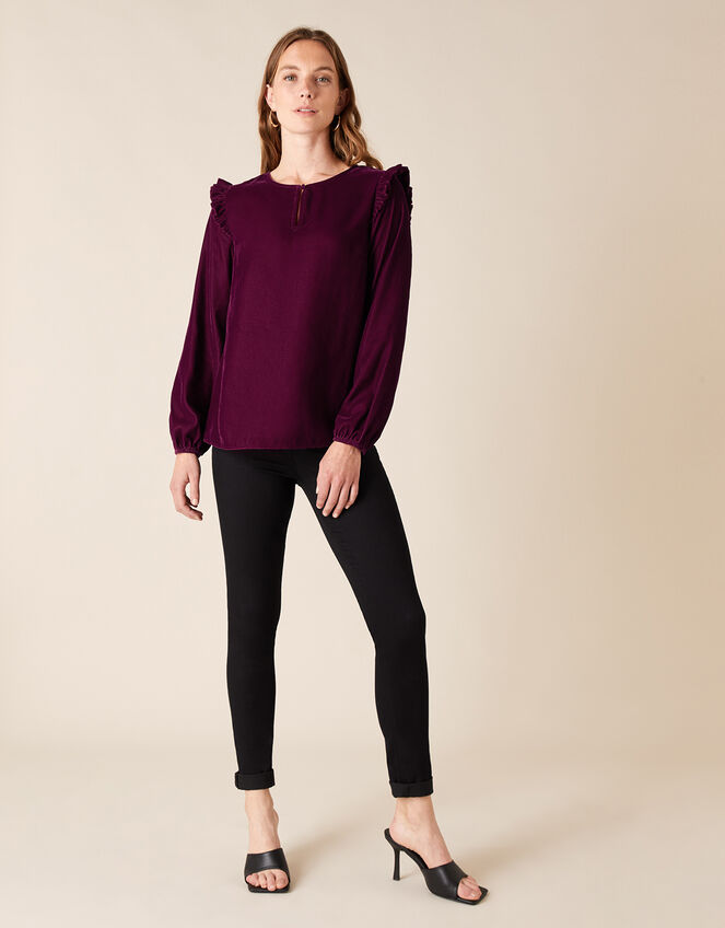 Velvet Ruffle Trim Top, Purple (PLUM), large