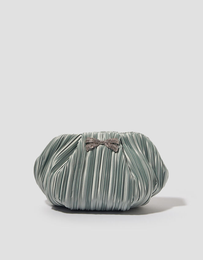 Pen Plisse Satin Clutch Bag, Green (SAGE), large