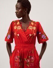Emma Floral Embroidered Midi Dress, Red (RED), large
