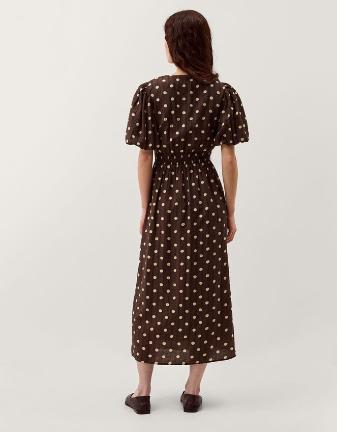 Paris Puff Sleeve Polka Dot Midi Dress, Brown (CHOCOLATE), large