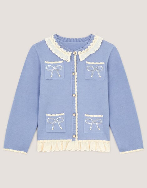 Pearl Bow Lace Trim Cardigan, Blue (BLUE), large
