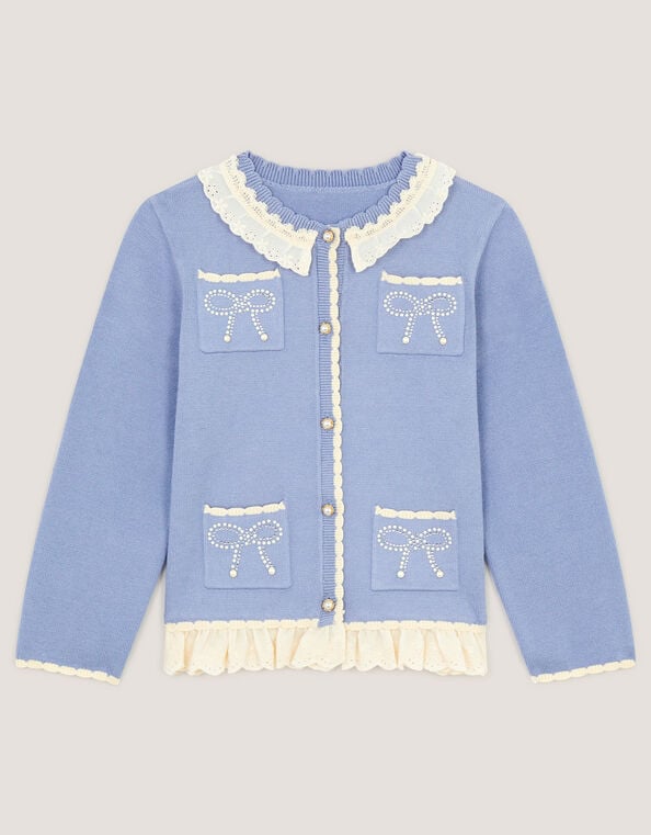 Pearl Bow Lace Trim Cardigan, Blue (BLUE), large