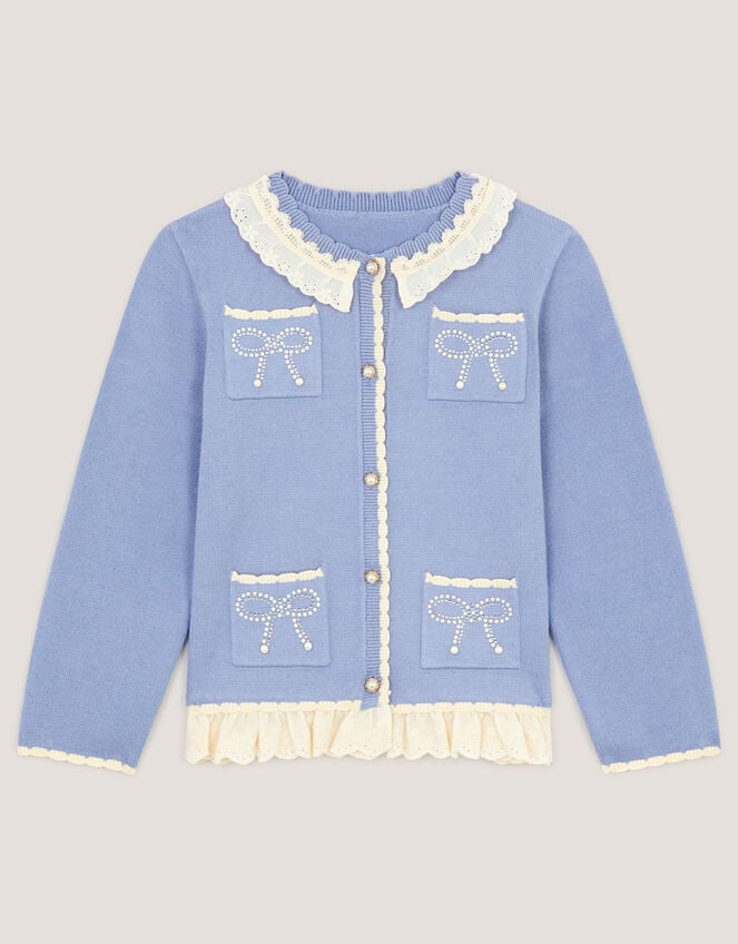 Pearl Bow Lace Trim Cardigan, Blue (BLUE), large