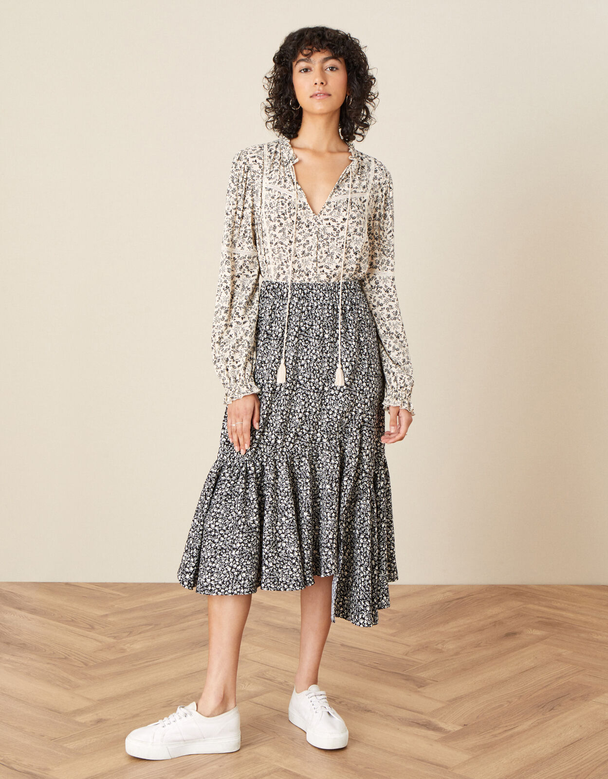White floral print deals frill detail midi dress