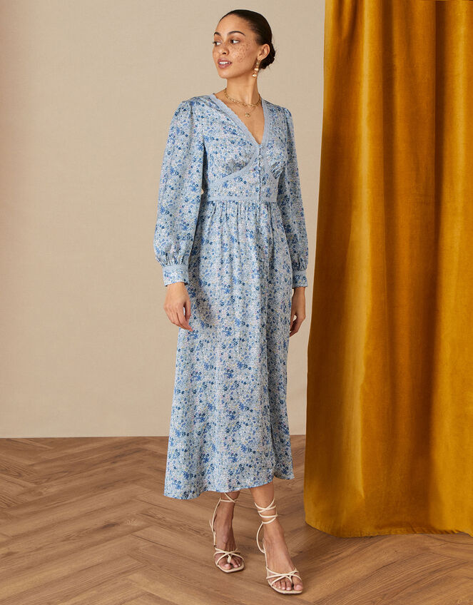 Ditsy Tea Dress in Recycled Polyester, Blue (BLUE), large