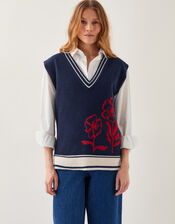 Fay Floral V-Neck Knitted Vest, Blue (NAVY), large