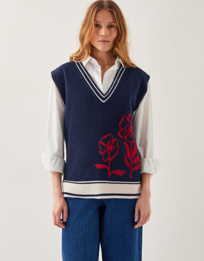 Fay Floral V-Neck Knitted Vest, Blue (NAVY), large