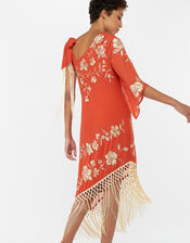 Pasty Floral Embroidered Fringe Dress, Orange (CORAL), large