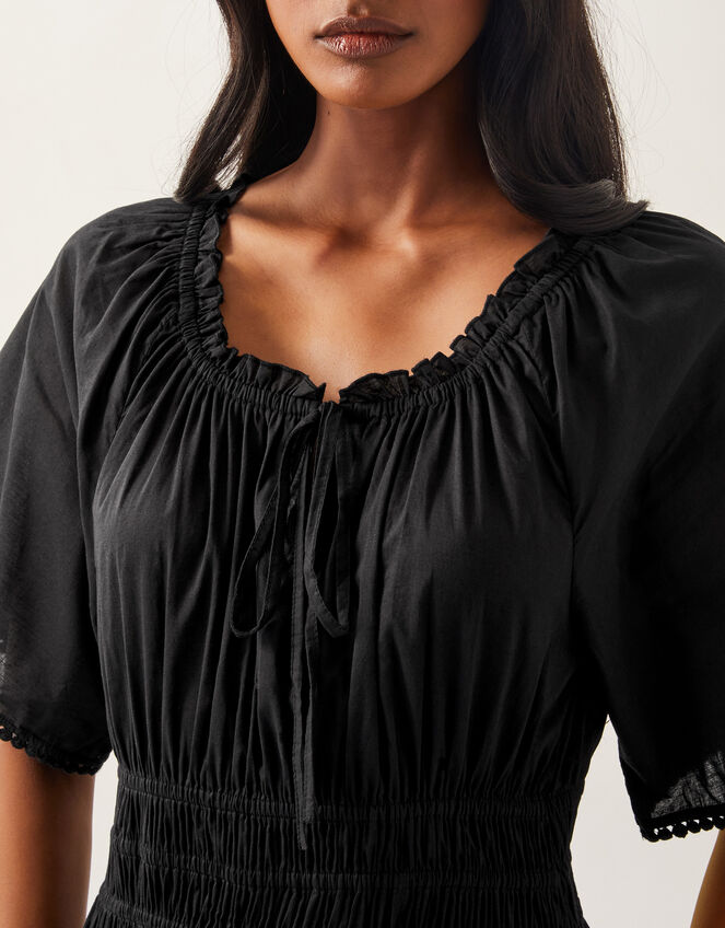 Nora Short Sleeve Cotton Midi Dress, Black (BLACK), large