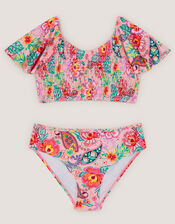 Floral Paisley Short Sleeve Bikini Set, Multi (MULTI), large