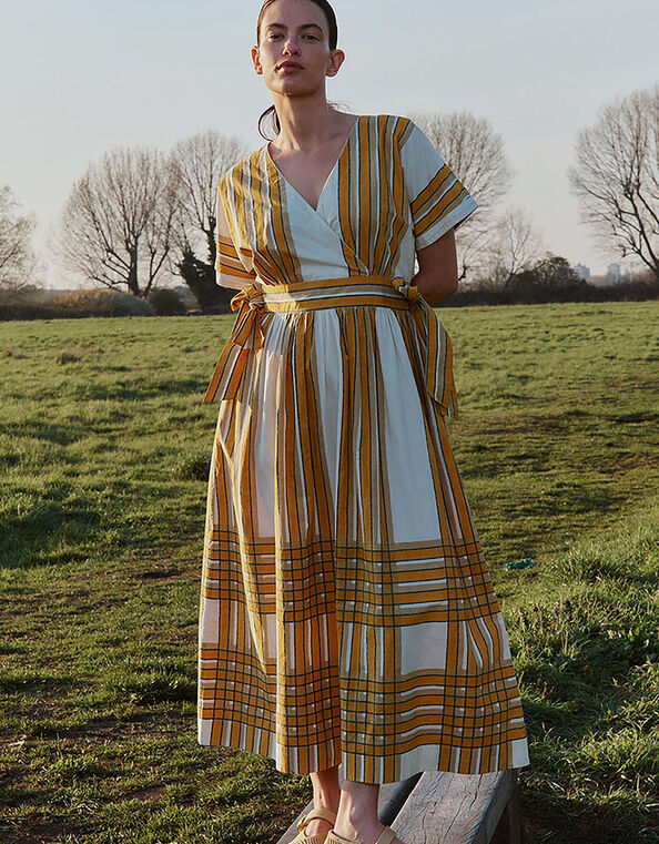 East Alana Hand-Woodblock Stripe Dress, Yellow (YELLOW), large