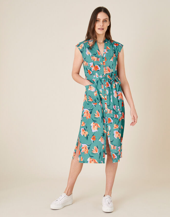 Floral Print Jersey Shirt Dress, Blue (BLUE), large