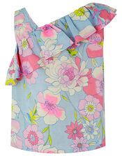 Octavia Floral Top in Linen and Organic Cotton, Blue (BLUE), large