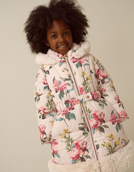 Botanical Print Faux Fur Hood Coat, Cream (CREAM), large
