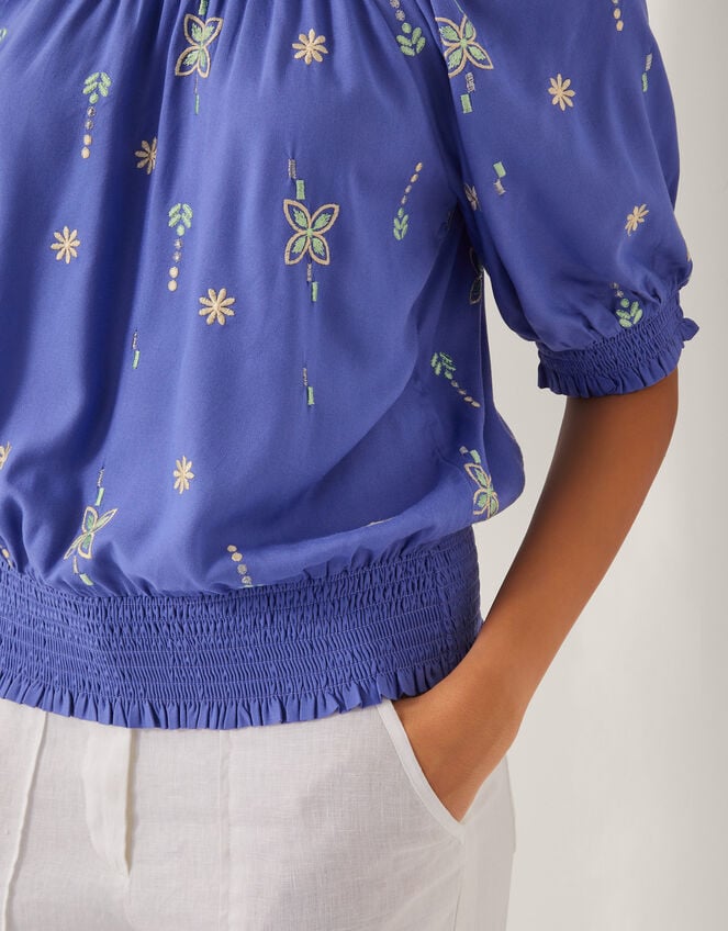Emily Embroidered Puff-Sleeve Top, Blue (BLUE), large