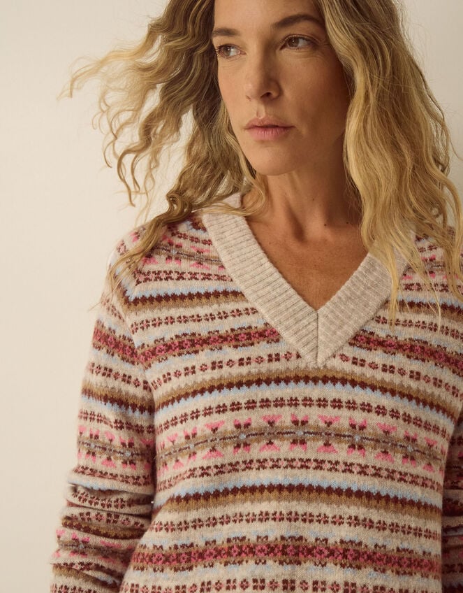 Fara V-Neck Fair Isle Jumper, Mink (MINK), large