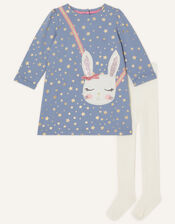 Baby Bunny Sweat Dress and Tights Set, Blue (BLUE), large