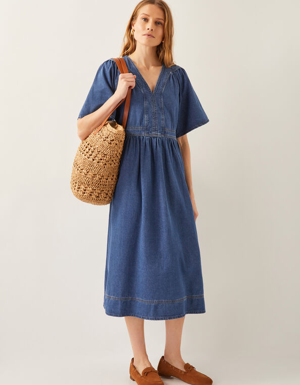 Lydia Short Sleeve Denim Midi Dress, Blue (MID INDIGO), large