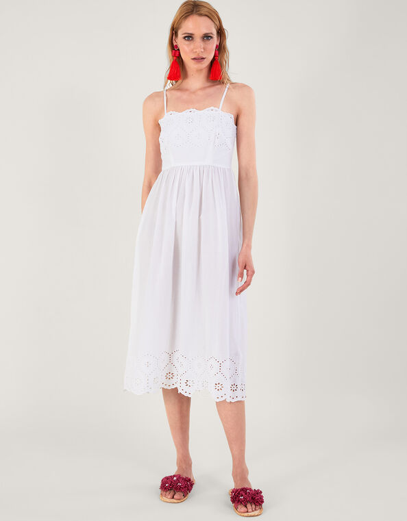 Broderie Neck and Hem Cami Dress, White (WHITE), large