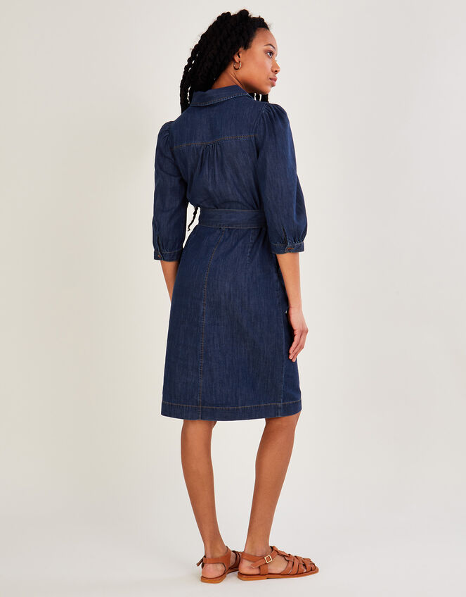 Denim V-Neck Belted Midi Dress, Blue (DENIM BLUE), large