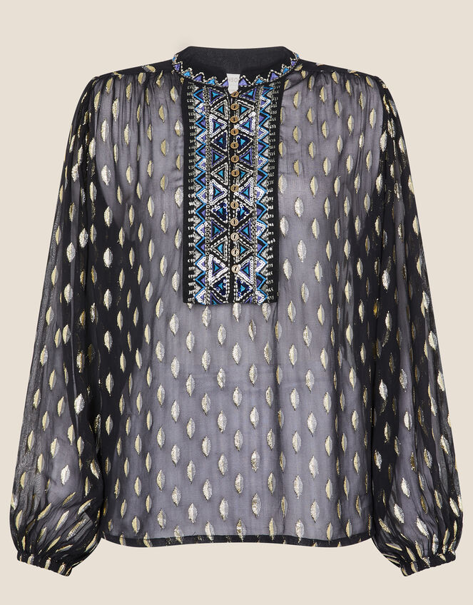 Gemma Embroidered Metallic Top, Black (BLACK), large