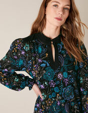 Floral Print Short Dress, Black (BLACK), large
