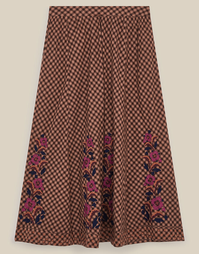 East Freya Embroidered Check Maxi Skirt, Brown (BROWN), large